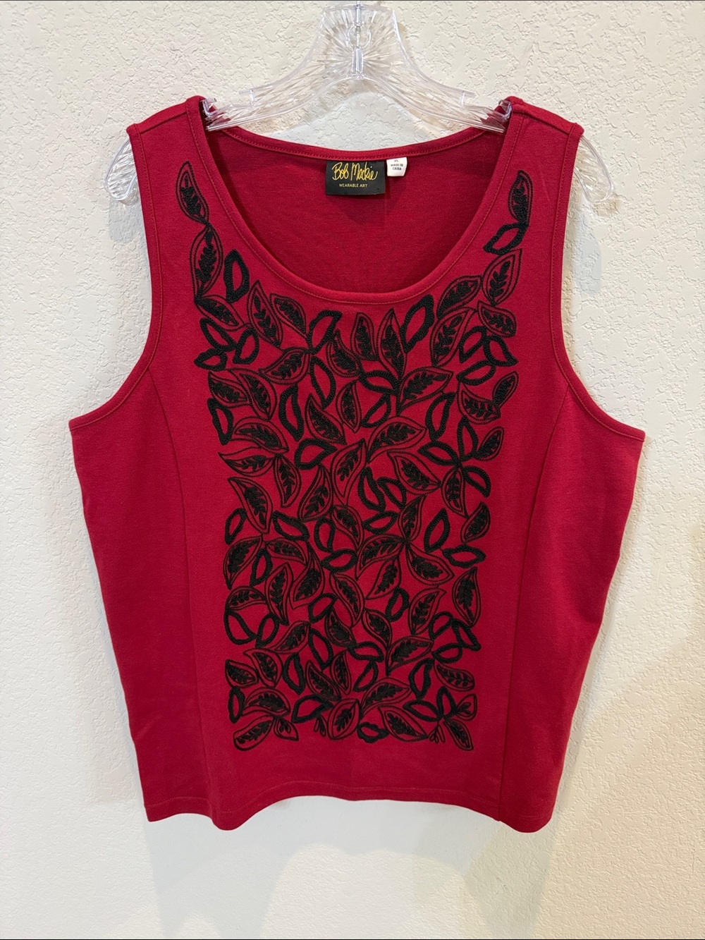 Vintage Bob Mackie Burgundy Tank with Black Leaf Embroidery